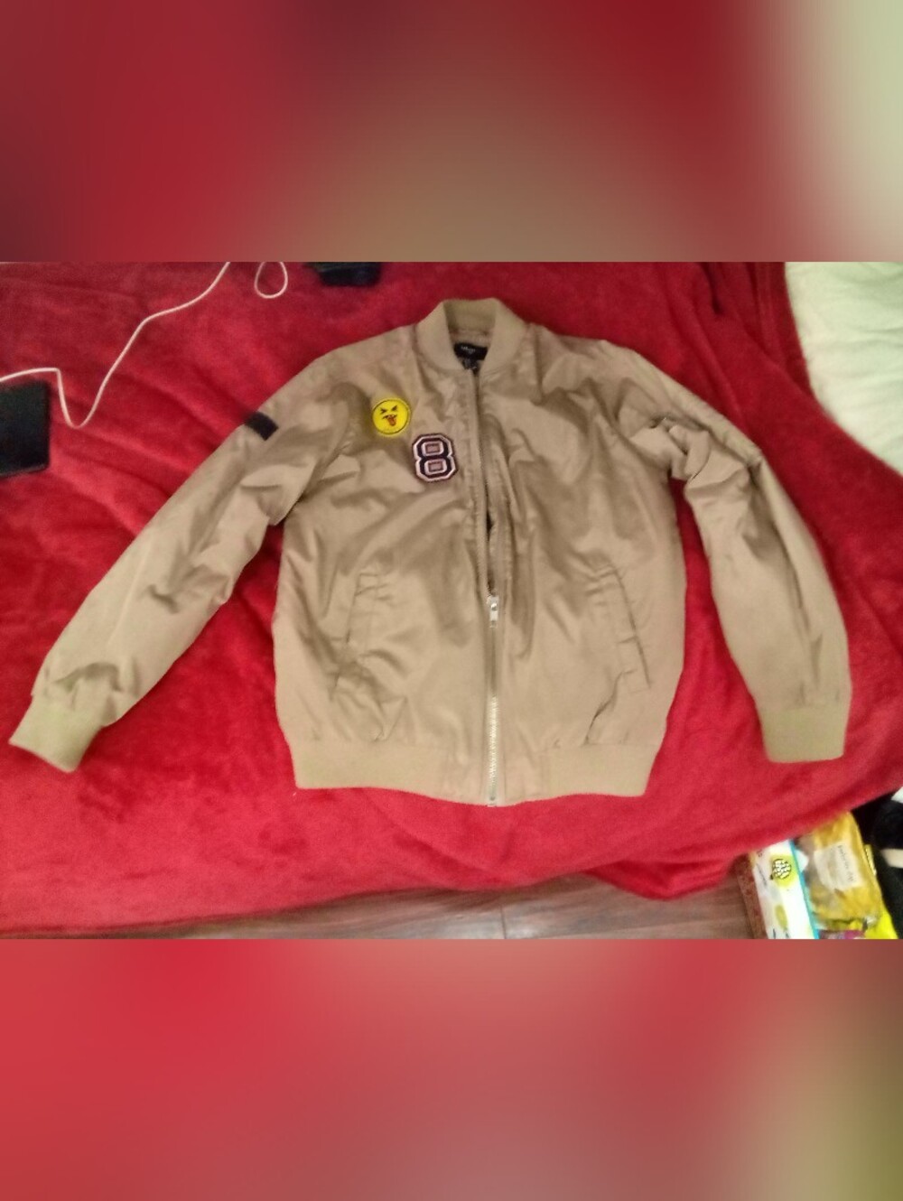 Forever 21 Tan Bomber Jacket with Patch Details